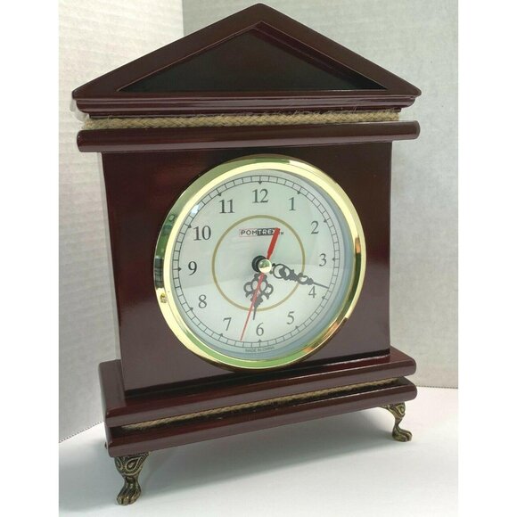 Cherry Wood Clock Mantel Desk Pomtrex Vintage Analog Footed Gold Trim 10 Inch - Picture 6 of 13